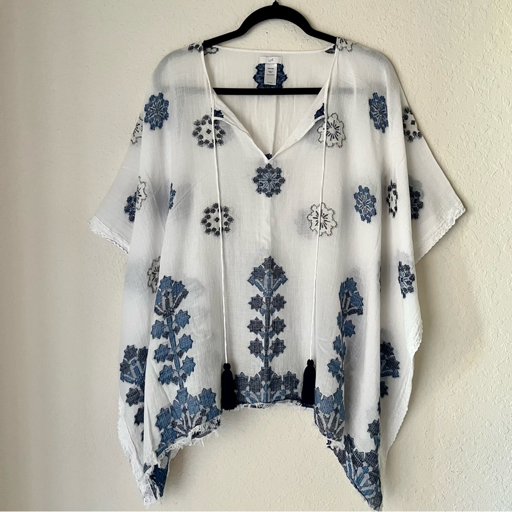 J Jill Ocean Breeze Cotton Floral Poncho Kimono Coverup Floral Tassel Coastal